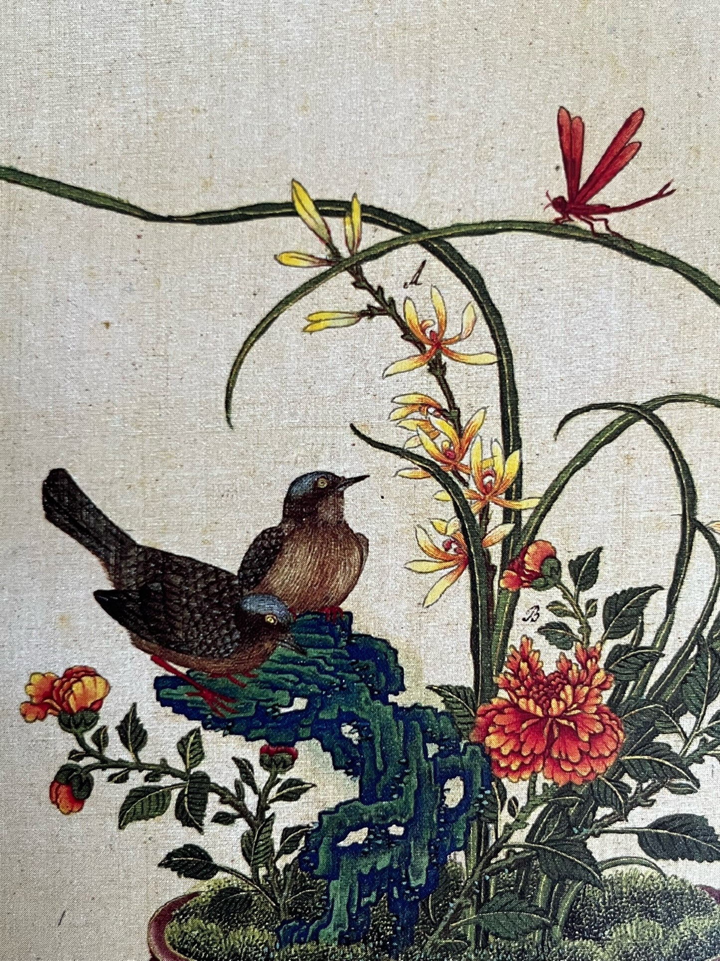 "Birds and Brown Vase with Dragonfly" Art Print