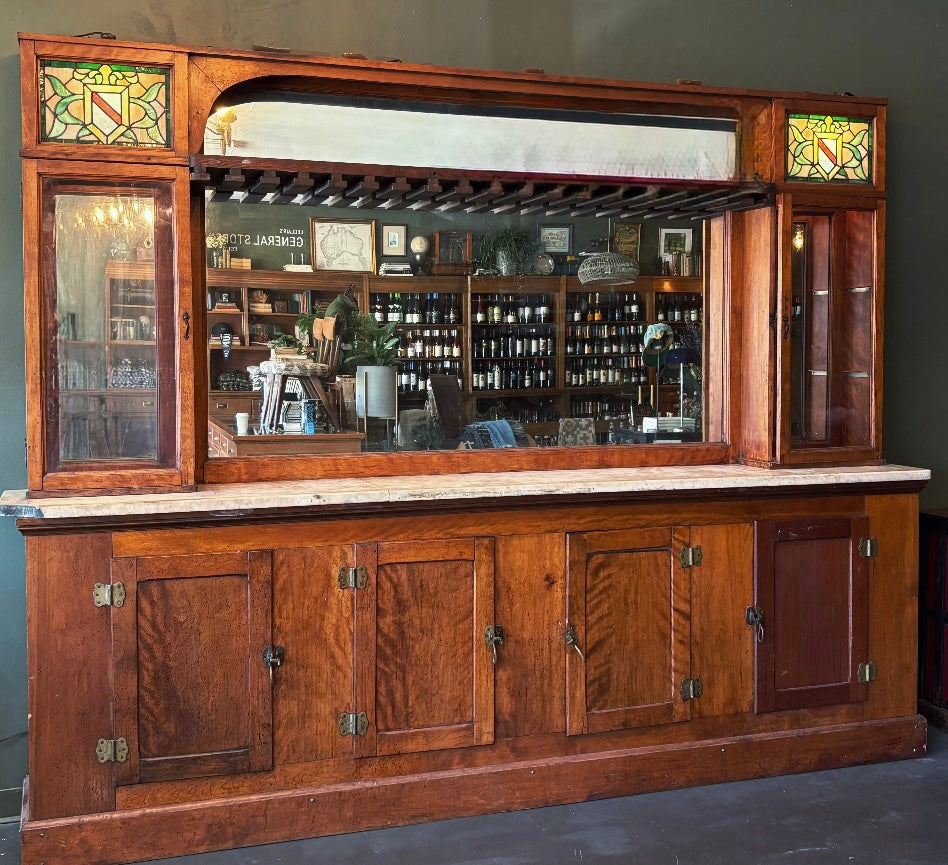 Antique oak bar, stained glass, marble top, circa 1910