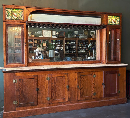 Antique oak bar, stained glass, marble top, circa 1910