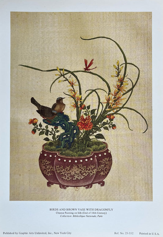 "Birds and Brown Vase with Dragonfly" Art Print