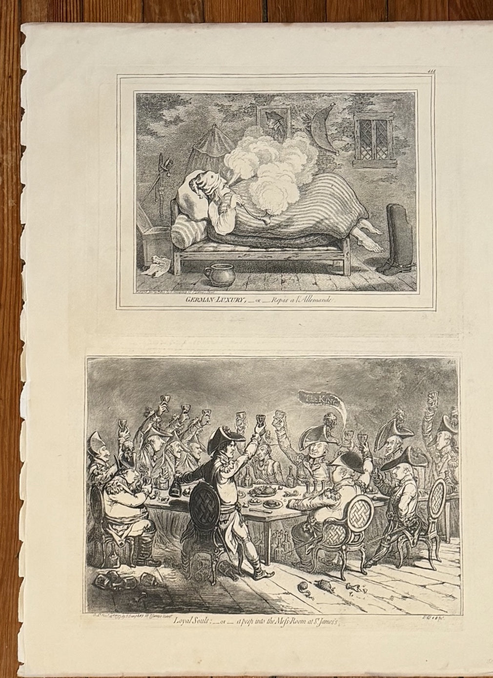 Full sheet with two antique satirical engravings
