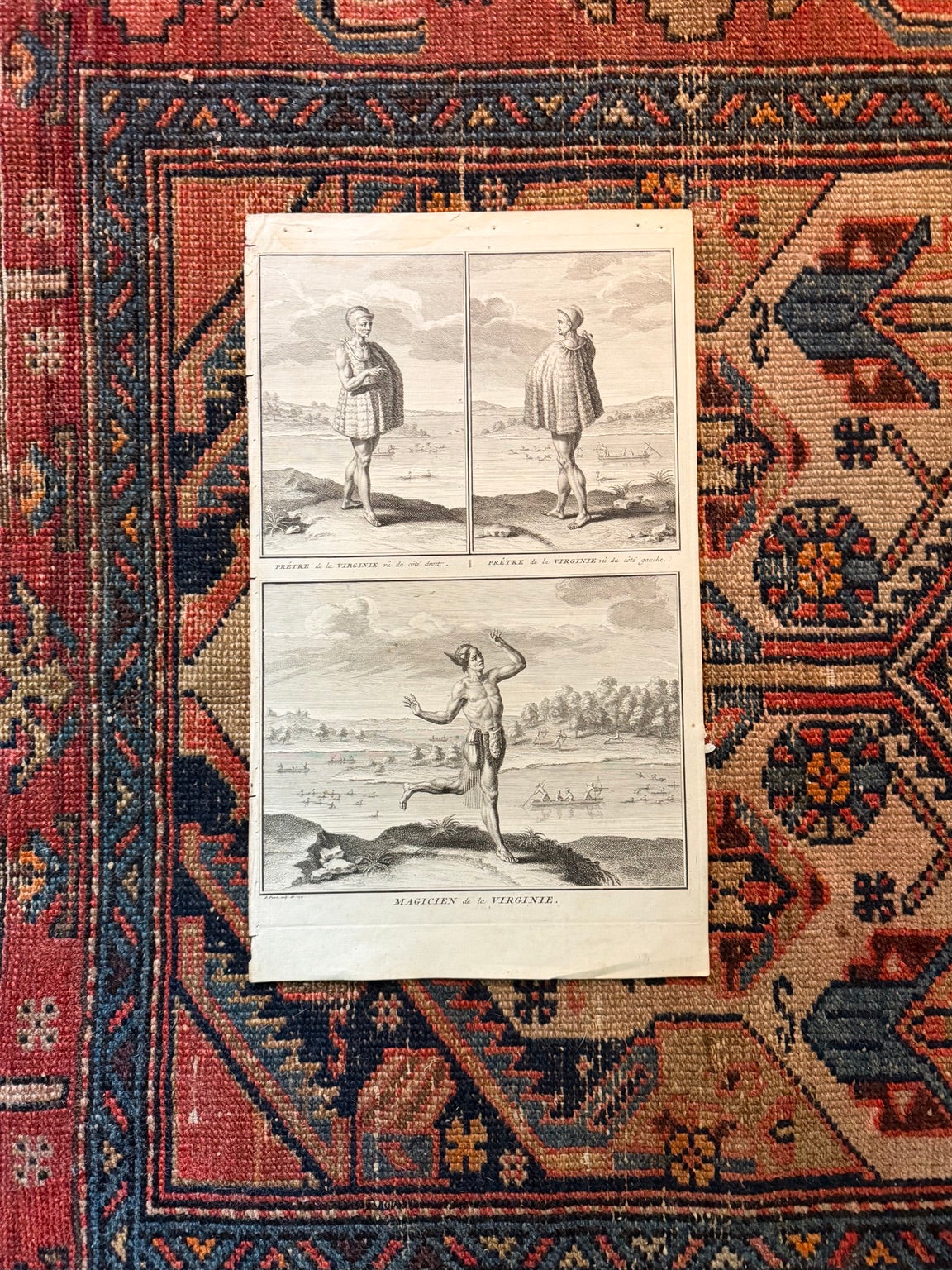 Original antique French engraving showing priest and magician of Virginia